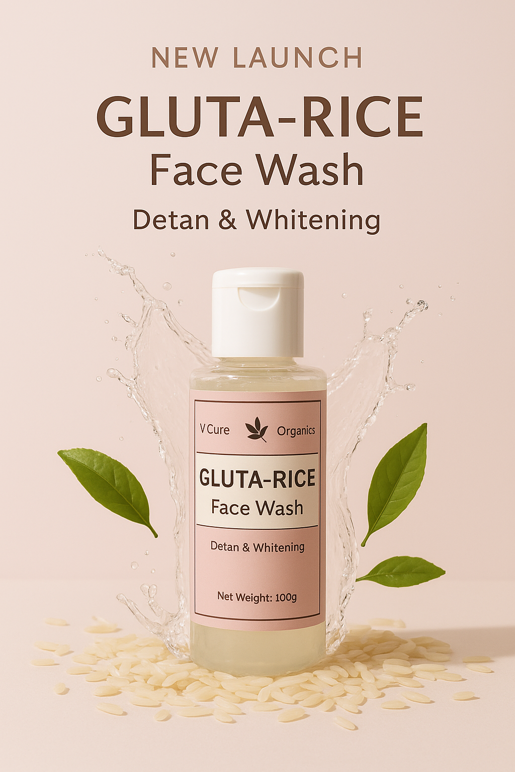 VCure Organics Gluta-Rice Face Wash – Brightening & Detan Cleanser | 100g