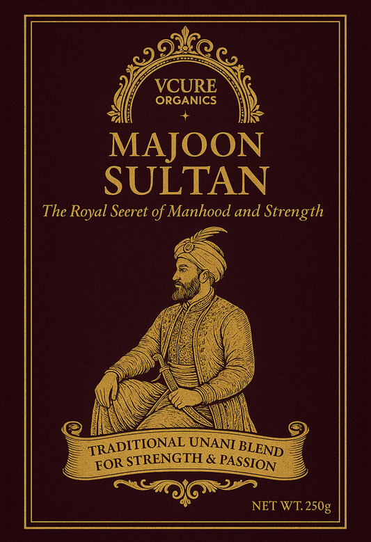 Product packaging for Majoon Sultan with royal illustration and text.