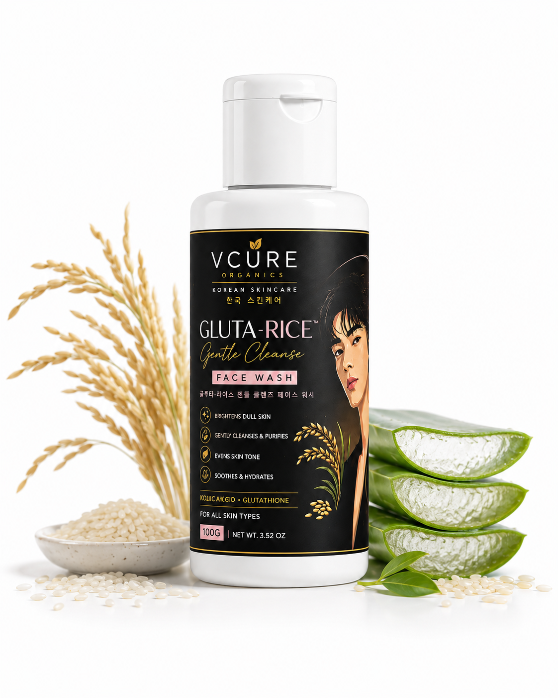 VCURE Skincare Gluta-Rice Gluttle Cleanse Face Wash in a white bottle with a black label, styled with rice grains, sliced aloe vera, and green leaves on a white background.