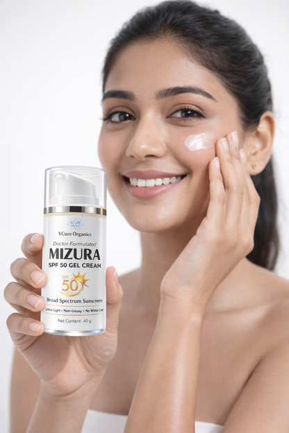 VCure Organics Mizura SPF 50 Gel Cream | Broad Spectrum Sunscreen | Ultra-Light, Non-Greasy | No White Cast | 40 g