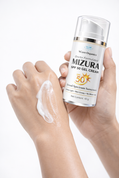 VCure Organics Mizura SPF 50 Gel Cream | Broad Spectrum Sunscreen | Ultra-Light, Non-Greasy | No White Cast | 40 g