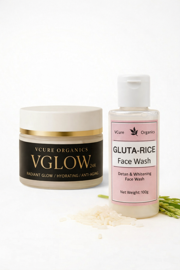 Vcure Organics VGLow 24K jar and Gluta-Rice Face Wash bottle on a white background