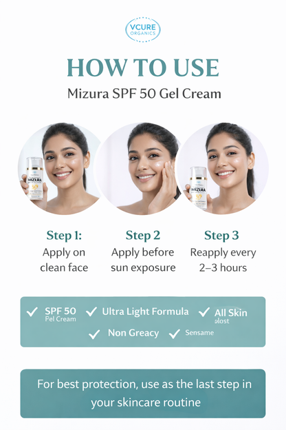 VCure Organics Mizura SPF 50 Gel Cream | Broad Spectrum Sunscreen | Ultra-Light, Non-Greasy | No White Cast | 40 g