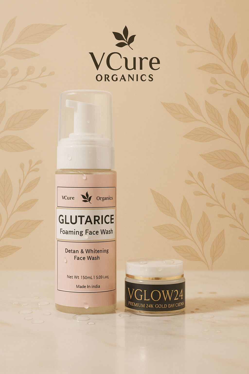 VCure Organics Glutarice Foaming Face Wash and Vglow24 Premium Gold Day Cream on a beige background with leaf patterns.