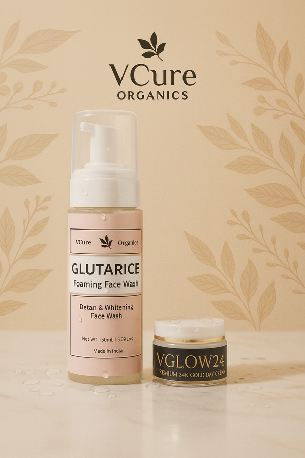 VCure Organics Glutarice Foaming Face Wash and Vglow24 Premium Gold Day Cream on a beige background with leaf patterns.