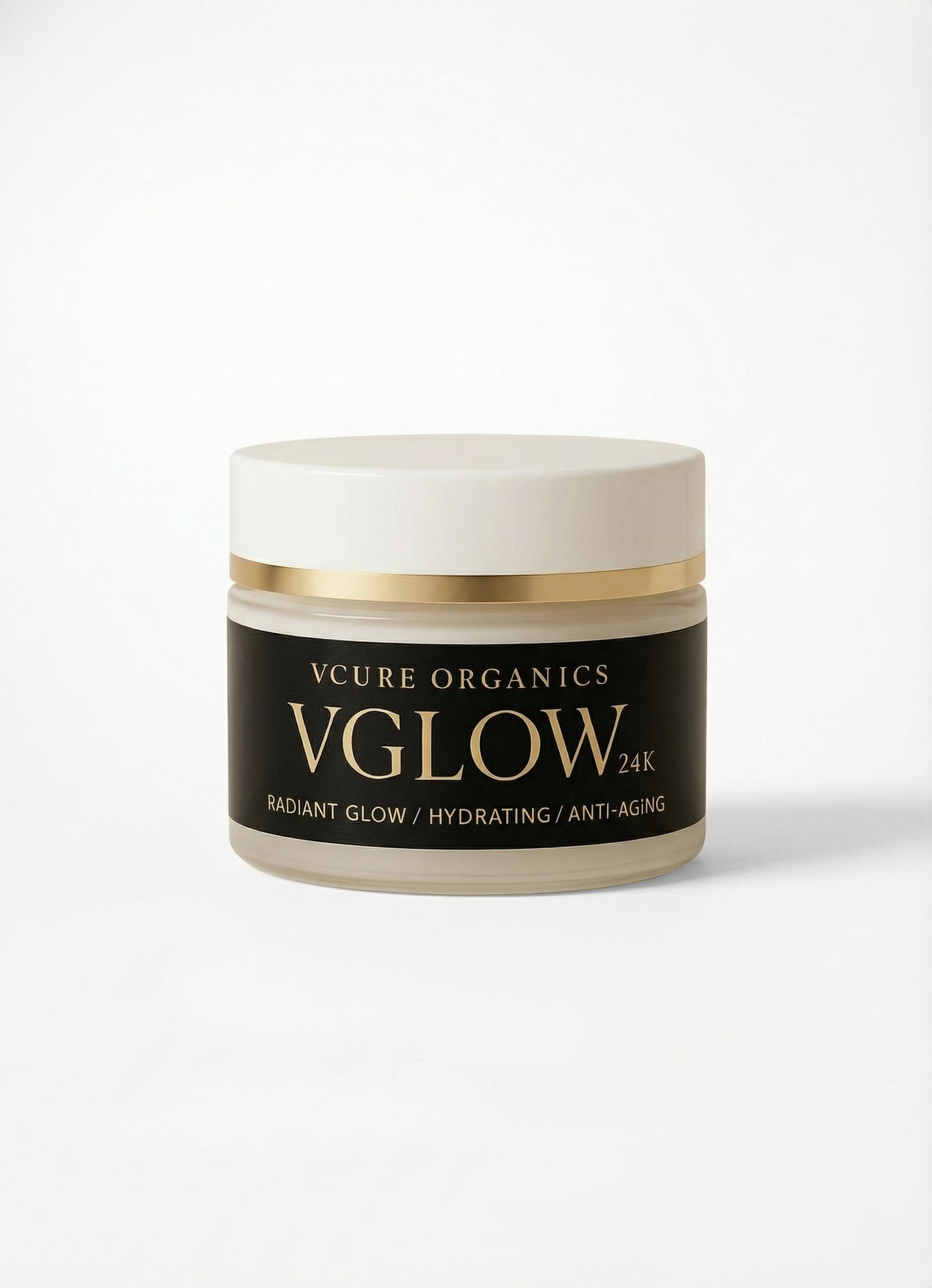 Vcure Organics VGLow 24K skincare jar on a white background