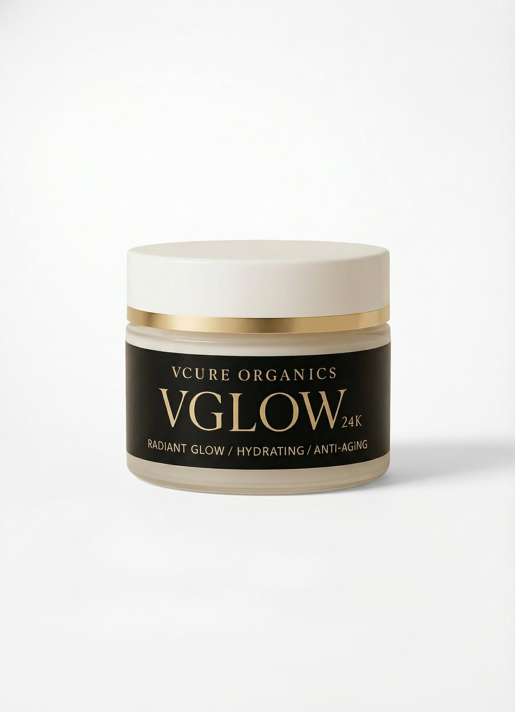 Vcure Organics VGLow 24K skincare jar on a white background