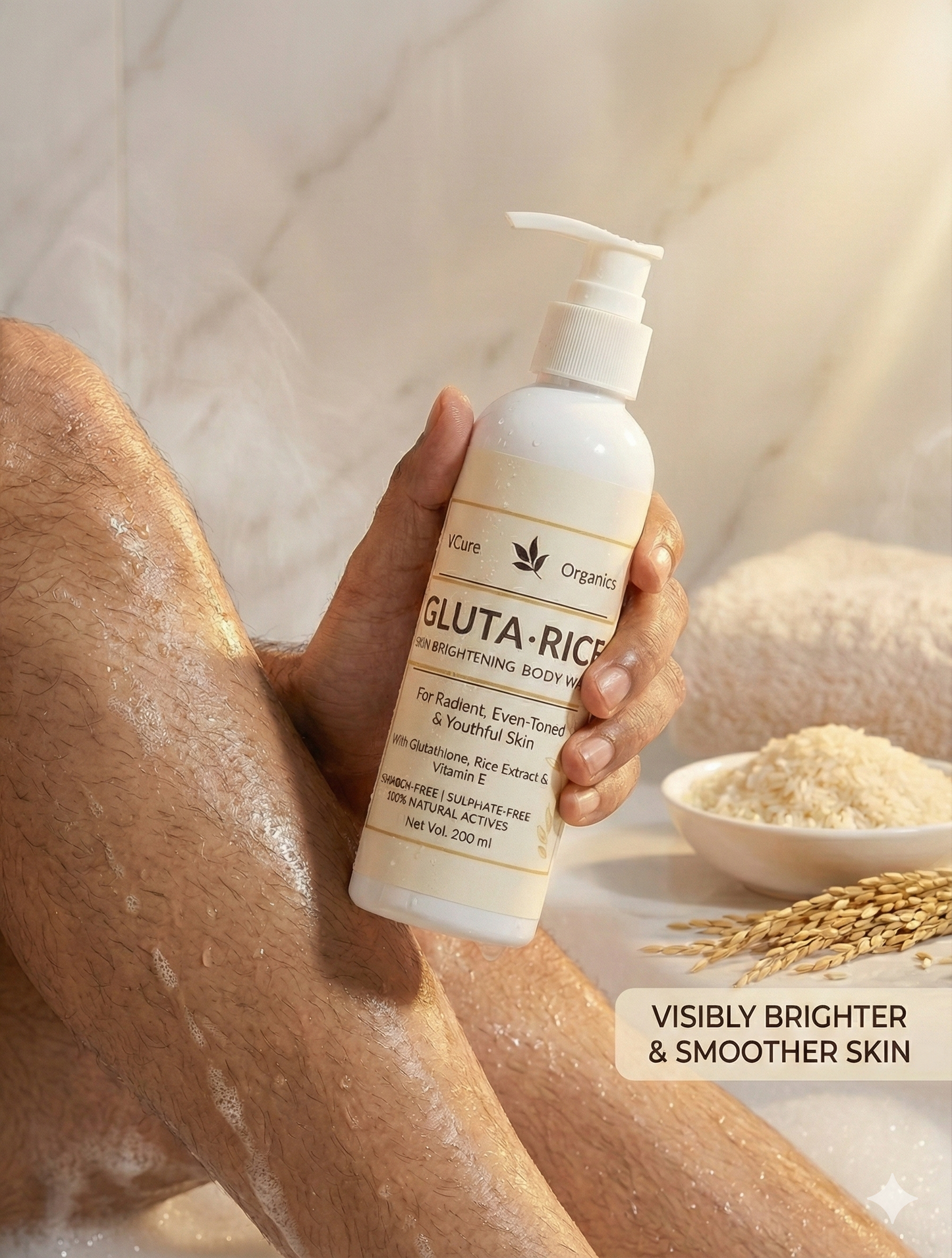 VCure Organics Gluta-Rice Skin Brightening Body Wash - With Glutathione & Vitamin E (200 ml)