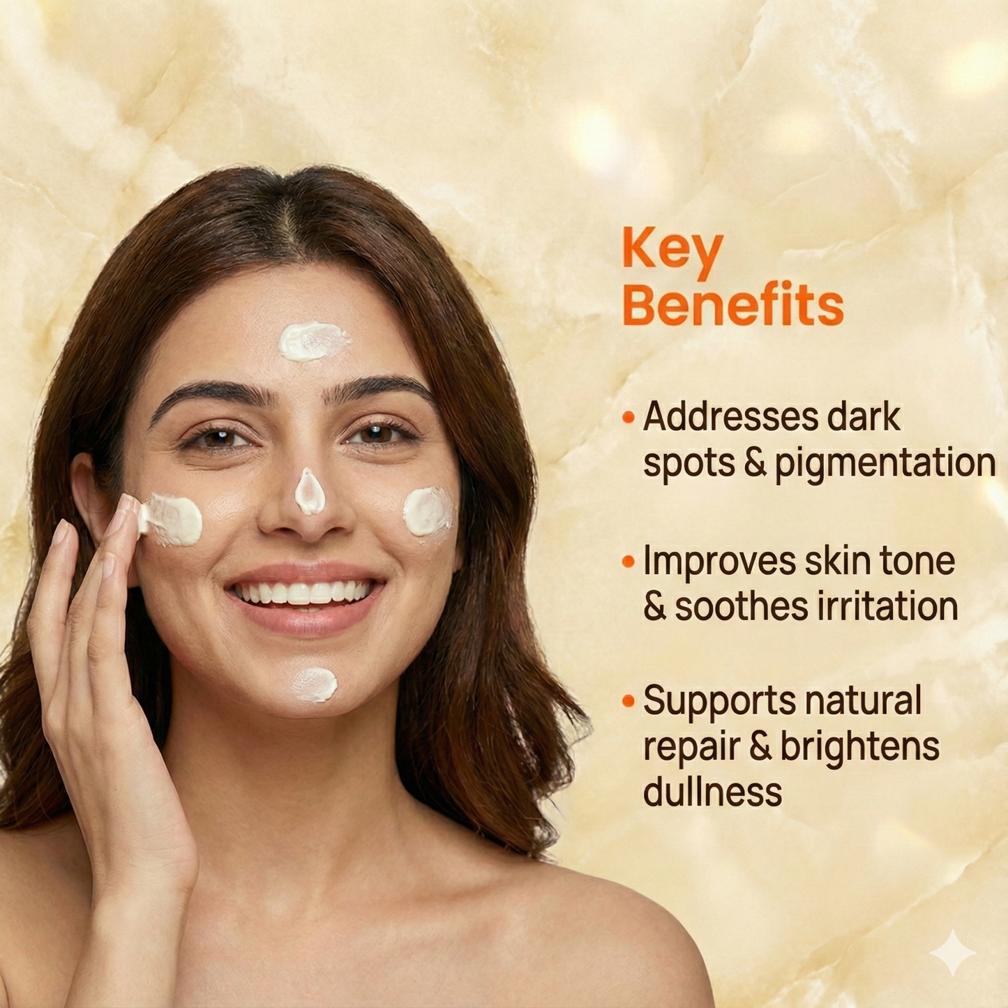 Woman applying cream to her face with key benefits listed on a beige background