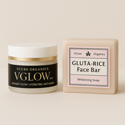 A skincare kit featuring a jar labeled 'VGlow 24K Skin Whitening Cream' and a bar of soap labeled 'GLUTA-RICE Face Bar Whitening Soap'.